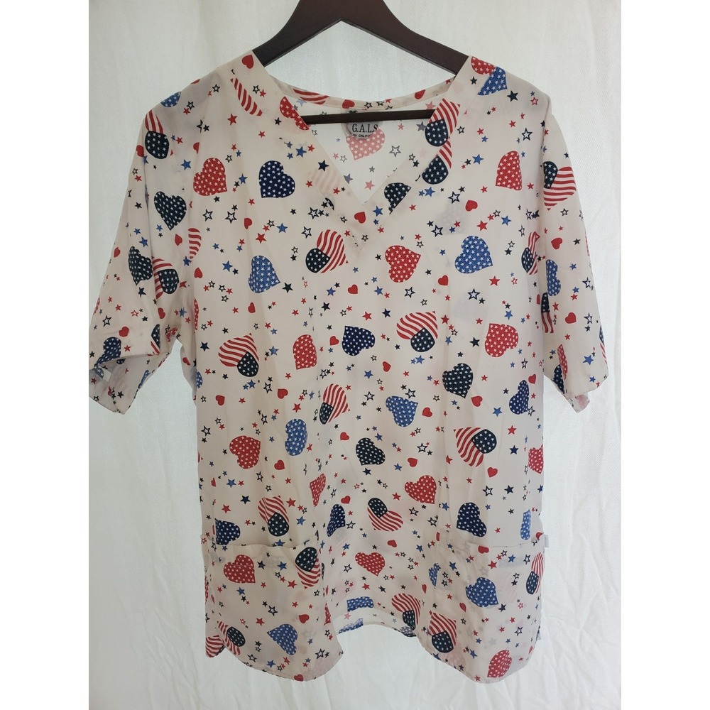 GALS of California Patriotic Scrub Top Red White Blue Hearts Stars V-Neck XL